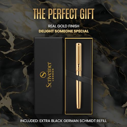 Image of Scriveiner Gold Rollerball Pen - Stunning Luxury Pen, Real Gold Plating, Schmidt Ink Refill, Best Roller Ball Pen Gift Set for Men & Women, Professional, Executive Office, Nice Pens