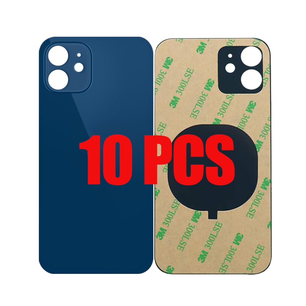 10PC Unibody OEM Rear Back Cover Replacement Glass for iPhone 12 Battery Cover Glass Door Panel Housing Big Hole Replacement Part with Pre-Installed Adhesive (Blue)