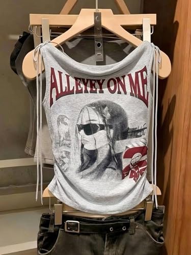 Image of ICW Women's Graphic Print Ruched Side-Tie with Bra Pads Off-Shoulder Vintage Streetwear Sleeveless Cami Crop Top Dn5152