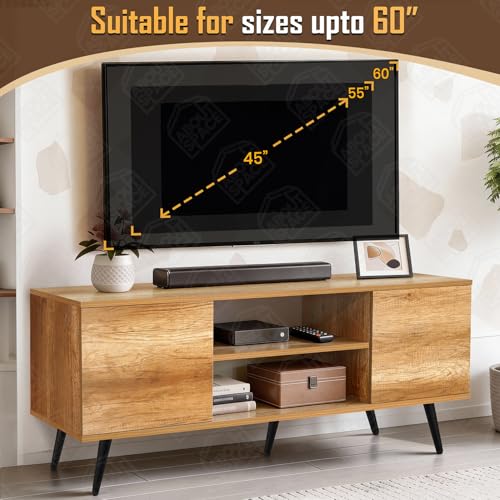 Image of ABOUT SPACE TV Unit - Engineered Wooden TV Stand Table with Bottom Open Storage, Adjustable Shelves & 2 Closed Cabinets for Set Top Box WiFi Router Stand (CM Oak - L 136 x B 40.5 x H 53 cm)