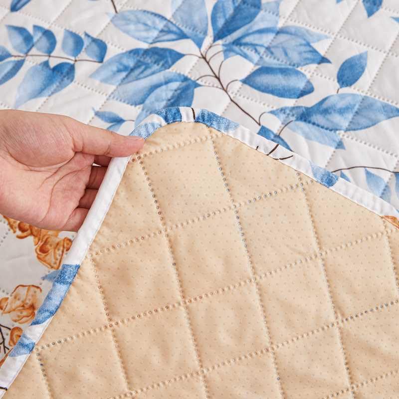 Image of HOMETHREADS Premium Style Anti Slip Sofa Cover Set | Cotton Sofa Slipcover | 1Pc Front Cover with Attached Armrest + 1Pc Back Cover (Leave Blue Flower, 1 Seater | 63x185cm)