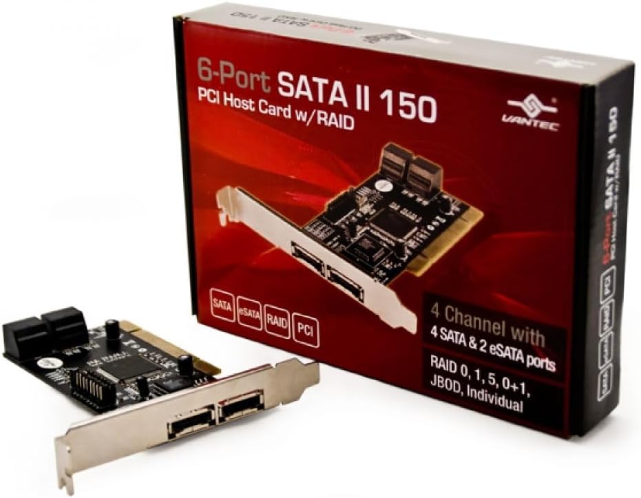 Vantec 6-Port SATA II 150 PCI Host Card with RAID, 4 Channel, 6-Port(RAID), PCI