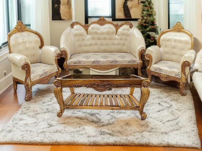 Image of Wooden 5 Seater Sofa Set with Center Table | 3+1+1 | Solid Wood Hand-Carved White Sofa with Traditional Design Furniture for Living Room | Home | Office