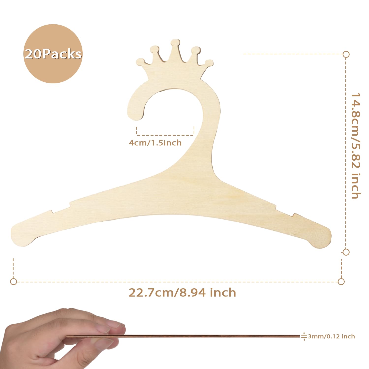 Paquete de 20 perchas de madera para ropa de bebé, lindas perchas de madera de corona para recién nacidos, niñas y niños de 9 pulgadas, perchas para guarderías, abrigos, pantalones, almacenamiento de
