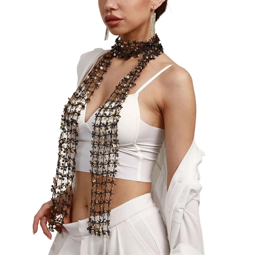 FGSS Womens Sequins Scarf Belly Dance Waist Belt Sparkly Headscarf Fashion Fringe Shawl Wrap Sparkle Necktie for Party 59.06