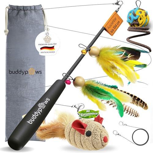 buddypaws Katzenangel stabil mit 4 Anhängern & Katzenminze Ausziehbar 42-104 cm Flexibles Glasfasermaterial Katzenspielzeug Set mit Ersatzschnur Spielangel für Katzen - Cat Toys