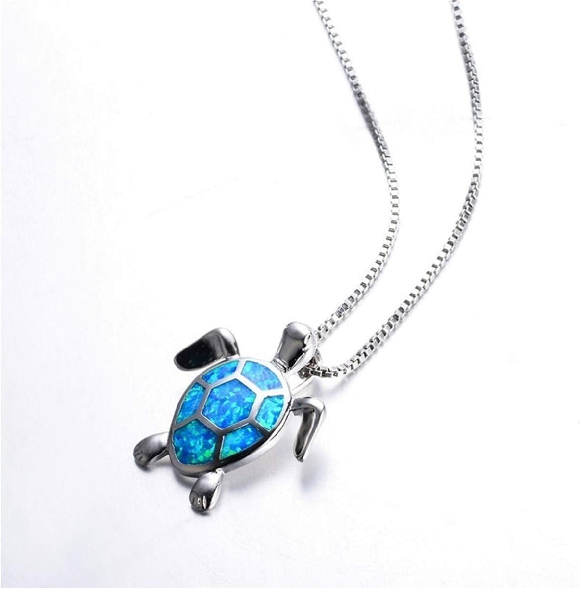 WEILYDF Cute Turtle Pendant Necklace Lovely Animals White Created Fire Opal Silver Chain Necklace Jewellery Gifts (Blue)