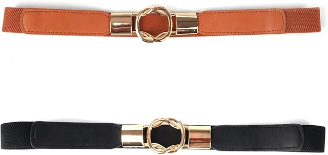 VANANA Women Stretch Elastic Waist Belt, Ladies Slim Skinny Waistband for Dress Coat Shirt Blouse, Pack of 2, Brown and Black