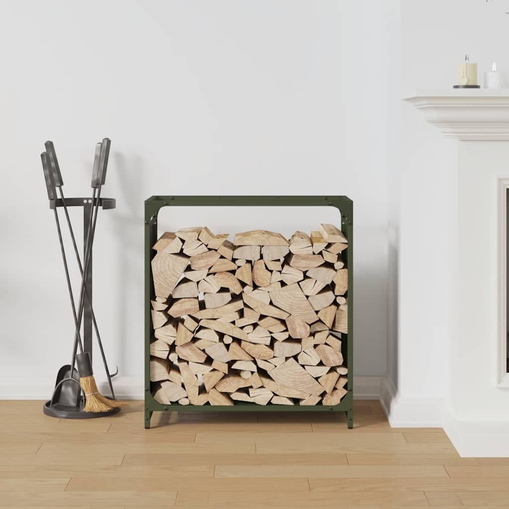 Regał na drewno oliwkowo-zielony, 60 x 28 x 65 cm, wykonany ze stali walcowanej na zimno, wytrzymały stojak do efektywnego przechowywania drewna, dekoracja na zewnątrz i kominek.