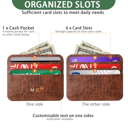 CUSTPERS Custom Card Holder, Gold or Silver Initials Double-sided Credit Cardholder Wallet, PU Leather Credit Card Holder Card Protector, Gift for Men or Women (Crocodile Pattern-Black)4