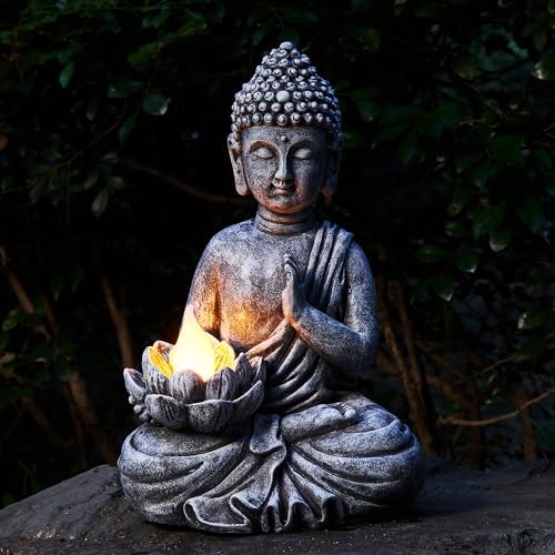 Solar Buddha Statue - Outdoor Zen Sculpture With Flickering LED L...