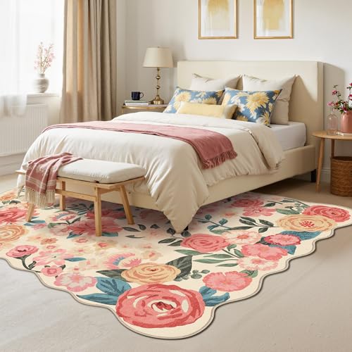 Tapete Floral Lavable 5x7 Beige Suave Antideslizante Bajo Pelaje miniatura 4