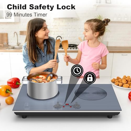 Image of GIHETKUT 2 burner Induction cooktop,110V 4000W induction hot plate with Brushed Panel,Knob Control,9 Power Levels, Kids Lock & Timer,LED touch control 2 burner induction cooker