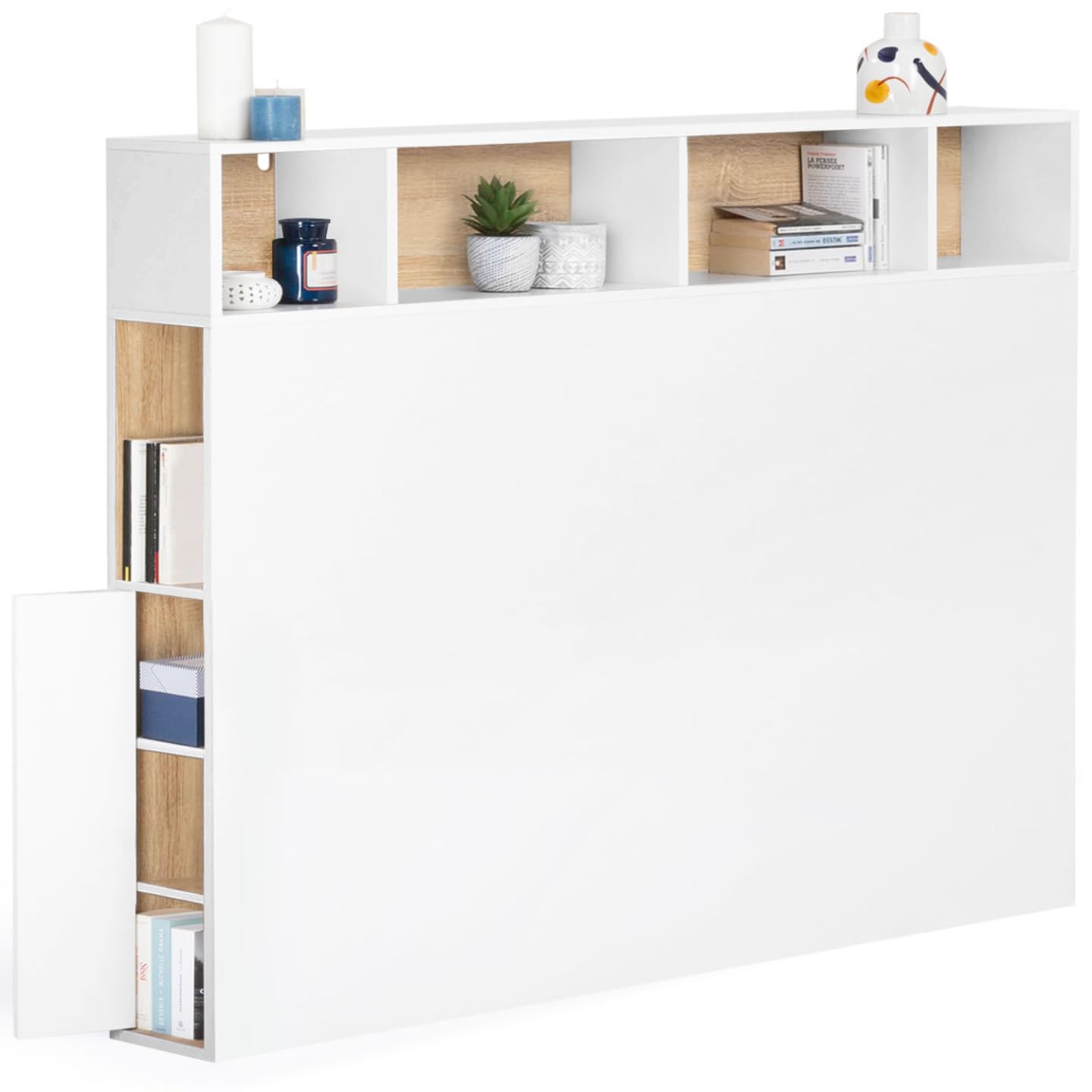 IDMarket Cleo - Cabecero de cama con pie (145 cm, con almacenamiento cerrado y nichos), color blanco y haya