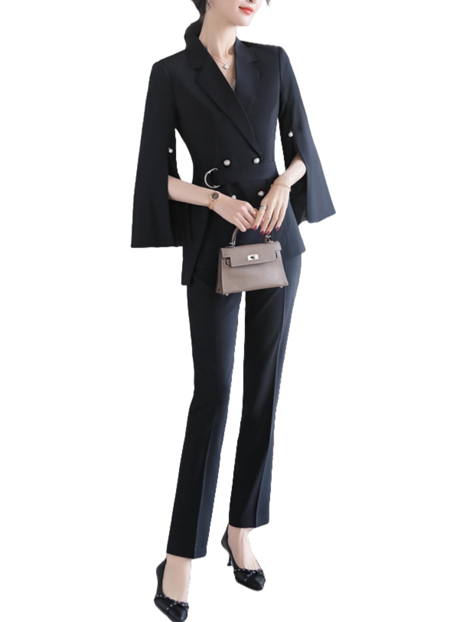 Womens Flare Sleeve Blazer and Pants Set Office Lady Business Suit Summer 2025 Trouser Suit 2 Pcs Sets