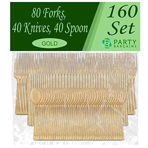 Party Bargains Disposable Plastic Gold Cutlery Set | Durable & Elegant Stylish Polished Gold Cutlery | 80 Forks, 40 Knives, 40 Spoons, Party of 40