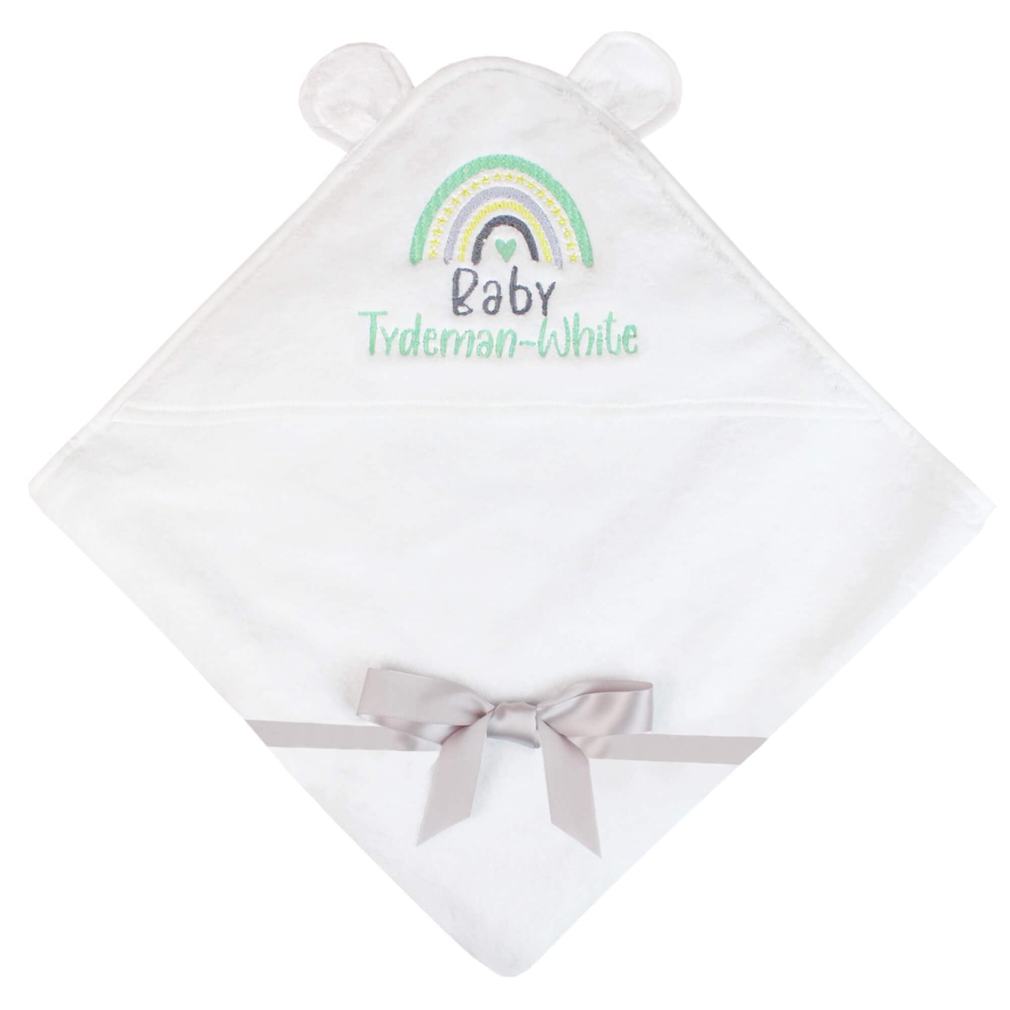 Teddyts Personalised White Baby Scandi Style Rainbow Hooded Towel with Fluffy Ears, White, Grey, Mint Green, Sage Green, Lemon Yellow,75cm x 75cm