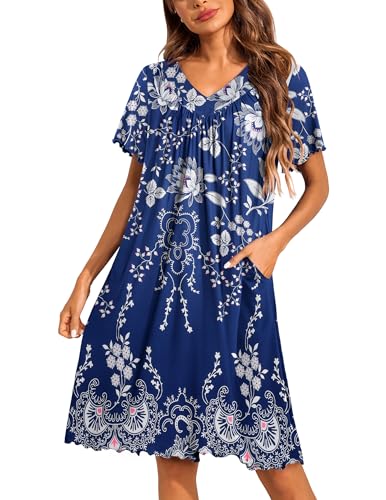 Image of Ekouaer Nightgowns for Women Short Sleeve House Dress with Pockets Pleated Soft Moomoo V Neck Sleepwear