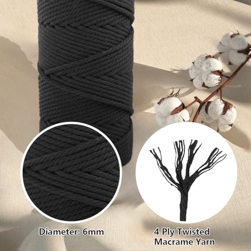 Image of ZUEXT Macrame Cord, Black, 6mm x 109yds Cotton String Macrame Yarn | 100% Natural Handmade, 4 Strands Twisted Cotton Rope, For Wall Hanging Plant Hangers Gift Wrapping Tapestry DIY Crafts, 100m