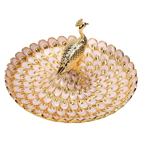 BAOFUYA Aperitivos del Partido Que Sirven la Bandeja, Forma única del Pavo Real Aspecto Decorativo de la Galleta del Metal Tazón de Almacenamiento para el bufé Casero de la Boda (Blanco Dorado)