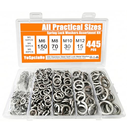 YoSpciaNe 445pcs Lock Washers Assortment Kit, Metric 304 Stainless Steel Spring Washer Set (M3-M12) - Split Locking Washers with More Practical M6 & M8 Sizes, Durable Metal Washers for Screws & Bolts by YoSpciaNe - Used condition - US$8.09