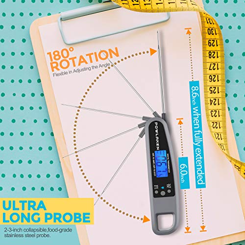 Powlaken Meat Food Thermometer for Grill and Cooking, Instant Read Waterproof Digital Kitchen Thermometer Probe for Grilling Smoker Oil Deep Fry Candy (Grey)