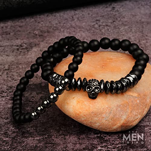 Image of THE MEN THING LAVA EMBRACE SKUL DUO- Black Silver tone - Beads Bracelet with Natural Volcanic Stone - 7inch Stretch Bracelet