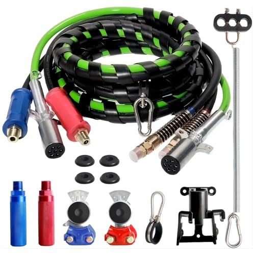 Aquilaplain 12FT Semi Truck Air Lines Kit - 3 In 1 Air Hoses Wrap 7 Way Trailer Cord Power Air Line for Semi Truck Trailer Tractor With Gladhands Handles Holder Tender Spring Kit Seals