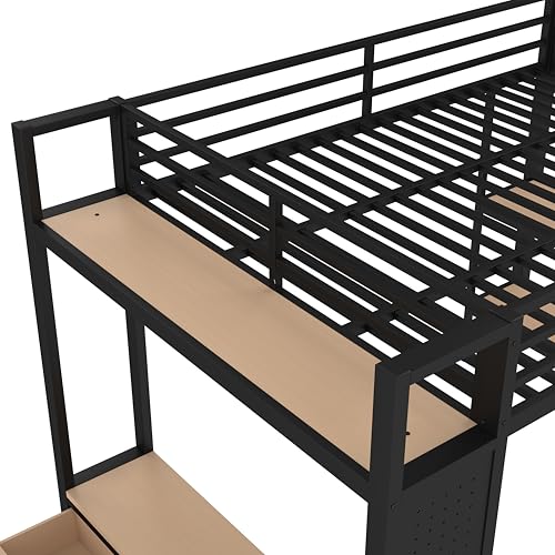Image of Bellemave Queen Size loft Bed with Wardrobe and Storage Shelves and Pegboard Drawers, Metal Queen Loft Bed Frame for Adults, Kids, Teens, Black