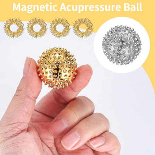 4 Igelball Massageball&8 Akkupressurringe, Magnetische Igelbälle, Akupressur Ringe Set, Skills Borderline Set,Akupressurring Finger Massageringe,Magnetic Igelball für Stressball Relief(Gold, Silber)