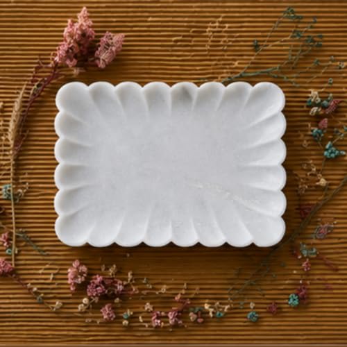 Image of Marble Urli Bowl for Decoration | Big Potpourri Decorative Bowls in Home decor | Large White Floating Flower Plates of Stone | Small Shape puja Item | (14 inch, Scalloped)