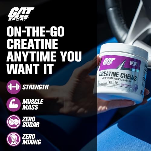 Image of GAT SPORT Creatine Chews, Zero Sugar, 5g Pure Creatine Monohydrate, 3rd Party Tested, Brain Health, Muscle, Strength, Anti-oxidant Support, for Men & Women, 30 Servings (Grape Cotton Candy)
