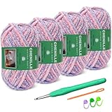 Sixlamb 4-Pack Super Soft Chenille Velvet Yarn for Crocheting, Medium to Bulky (#4-#5), Multicolor Chenille Yarn for Blanket Making,Plushies and Beginner Knitting Crafts (Lavender)