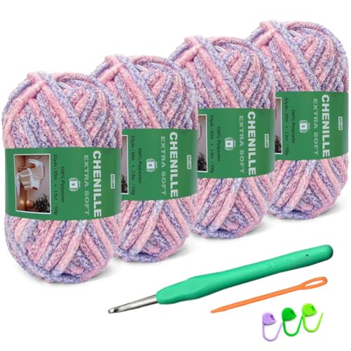 Sixlamb 4-Pack Super Soft Chenille Velvet Yarn for Crocheting, Medium
