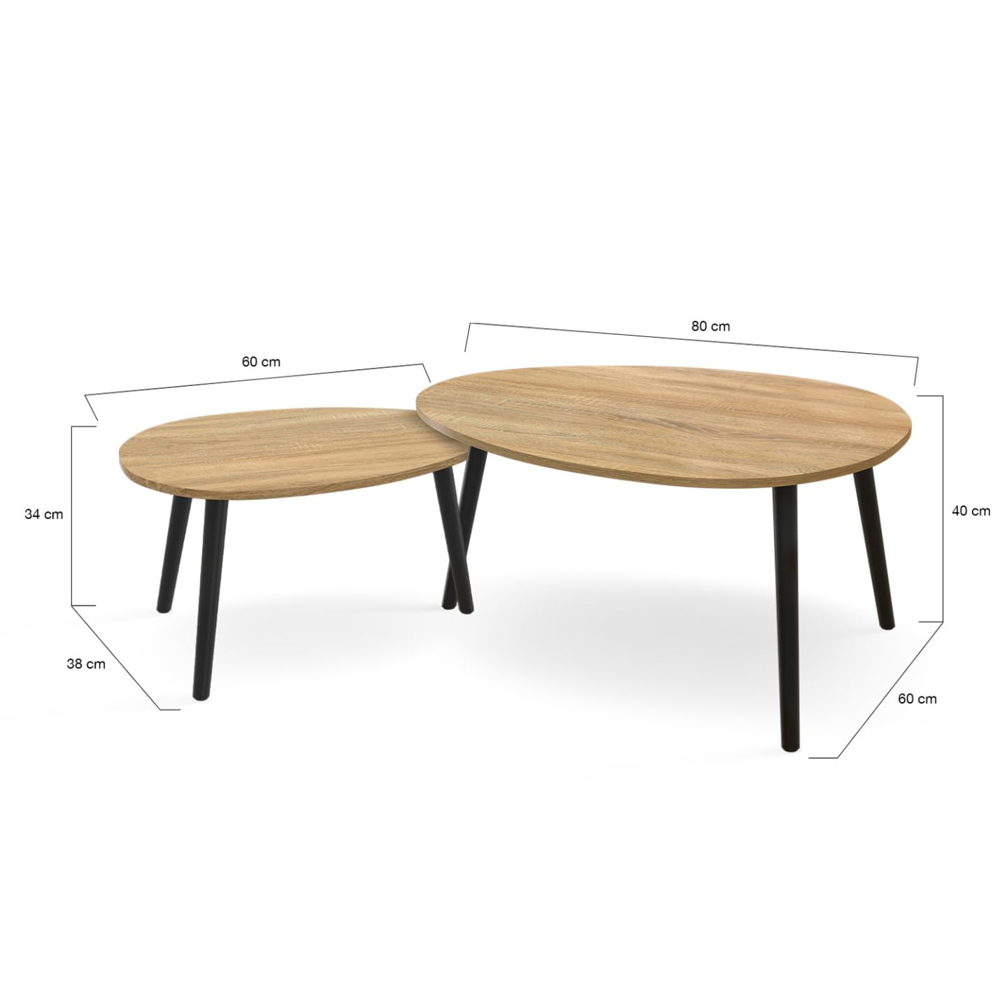 IDMarket - Juego de 2 mesas de café Gaia, madera y patas negras, escandinavas