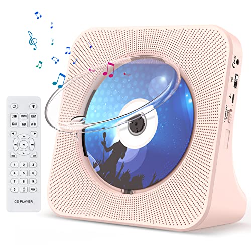 Gueray Lecteur CD Portable Mural Lecteurs CD Bluetooth de Bureau pour la Maison, Double Haut-parleurs HiFi Intégrés, Prise AUX et Casque, Radio FM Boombox avec Télécommande Port USB Écran LCD(Rose)