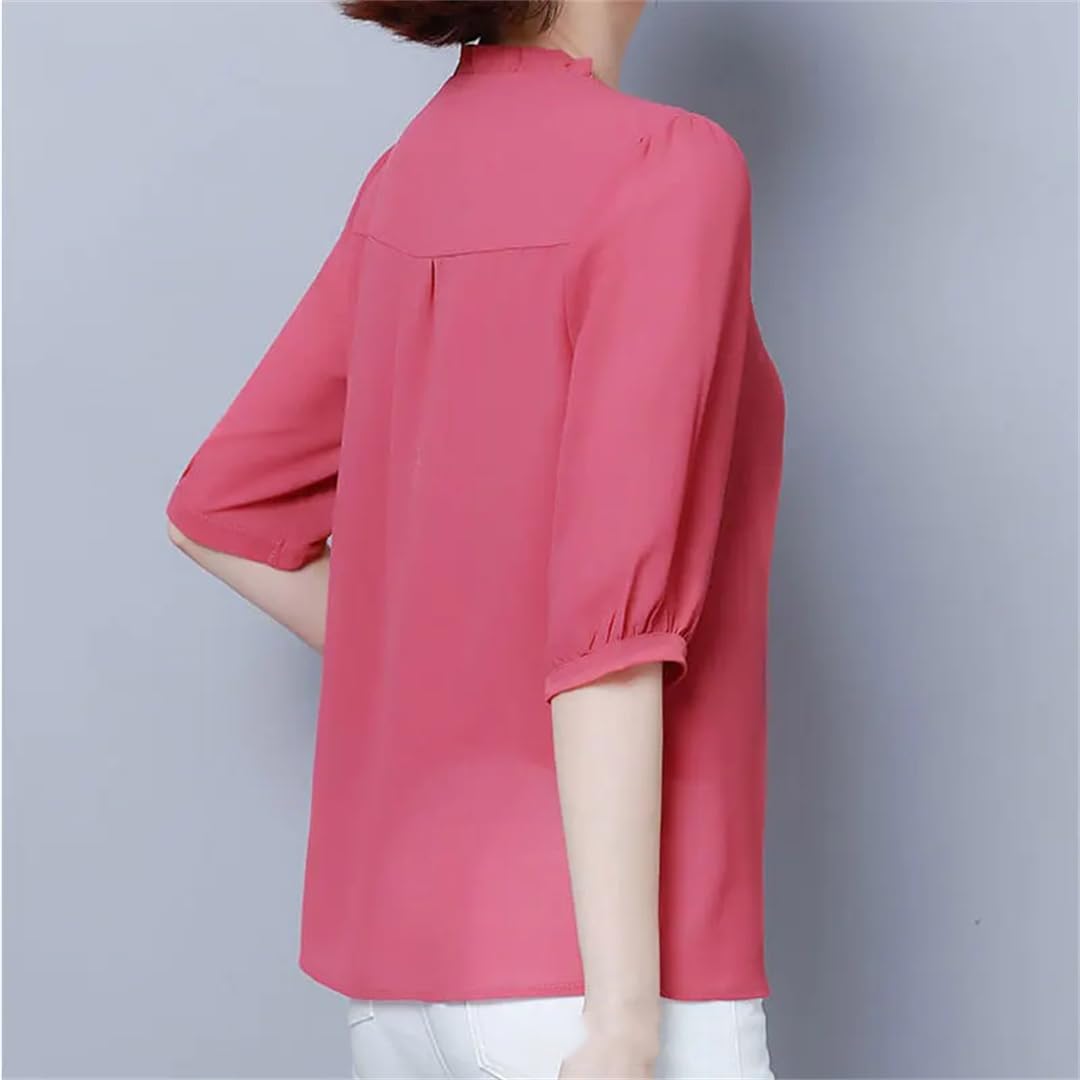 Camicetta da donna in chiffon con scollo a V tinta unita estiva sottile mezza manica allentata blusa