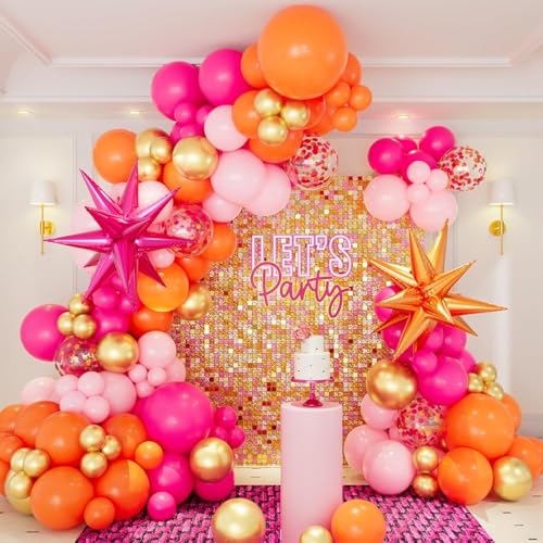 Pink Orange Balloon Garland Arch Kit, 146pcs Hot Pink Orange Metallic Gold Latex Balloons with Hot Pink and Orange Exploding Star Foil Balloons for Birthday Summer Tropical Wedding Party Decorations