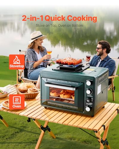 Image of VEVOR Outdoor Camping Oven, 2-in-1 Portable Gas Camping Stove Oven Combo, Adjustable Fire, 60-Minute Timer, Windproof, for Camping Backyard Picnic Outdoor Cooking, Universal Butane Canister Compatible