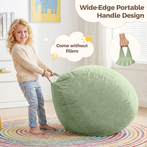 Image of Stuffed Animal Storage Bean Bag Chair Cover for Adults (No Filler), Soft Comfy Velvet Beanbag Chair Cover Machine Washable, Adults Bean Bag Chair with Handle for Living Room Bedroom, Green