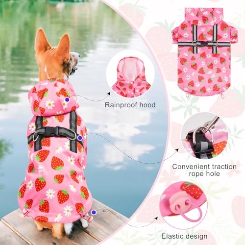 Image of BEAUTYZOO Dog Raincoats for Medium Dogs, Waterproof Rain Jacket with Hood | Puppy Rain Jacket with Harness, Reflective Poncho with Harness Built in, Rain Gear Clothes with Hat for Boy Girl, Pink M
