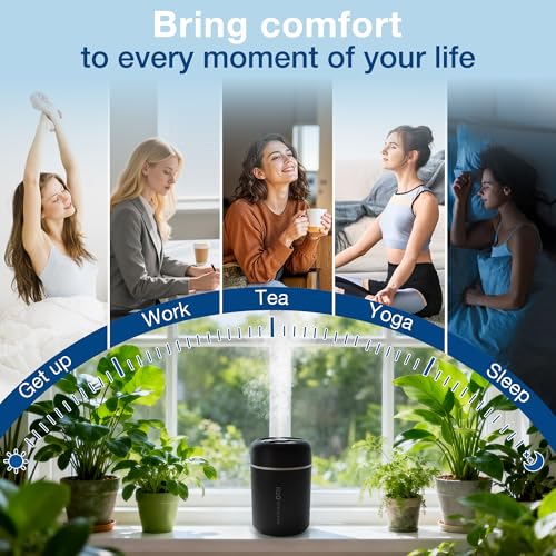 Portable Mini Humidifier, 300ml USB Cool Mist Small Humidifier with Colorful Lights. Perfect for Bedroom, Office, Plants, travel & Car (Black) by Riecin - Image 8