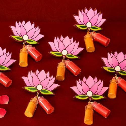 Image of CraftVatika Haldi Kumkum Return Gifts in Bulk Festive Decor, Pasupu Haldi Bottle Lotus Cutout, Thamboolam Return Gifts for Wedding, Pooja, Rakhi, Navratri Diwali Gift for Family and Friends (15 Pcs)
