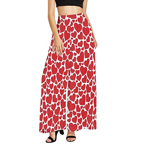 Pantalon palazzo long femme taille haute élastique et fluide motif Love