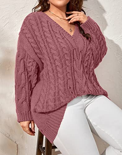 Dyexces Plus Size Sweaters for Women V Neck Long Sleeve Cable Knit Sweaters Casual Fall Sweaters Soft Jumper Tops3