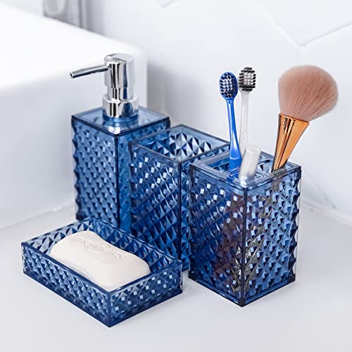 Bathroom Accessories Set, 4Pcs Blue Bathroom Accessories Sets Complete With Soap Dispenser, Toothbrush Holder,Tumbler,Soap Dish-Decorative Countertop Vanity Organizer #TOP2