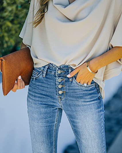 90s Vintage Button Fly High Waist Flare Leg Jeans,Women's Classic Skinny Stretch Blue Denim Pants,Fashion All-Match.4