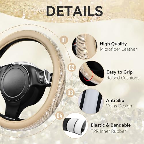 Image of CAR PASS Bling Diamond Beige Leather Steering Wheel Cover, White Sparkly Crystal Glitter Rhinestones Universal Fit 14 inch 1 /2-15 inch Car Wheel Protector for Women Girl Fit Suvs,Vans,Sedans,Trucks, Beige