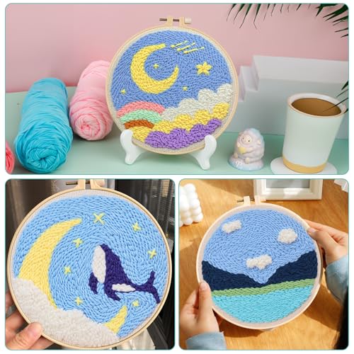 Image of Zuaooz 3 Sets Punch Needle Kits,Whale Rainbow River Punch Embroidery Kits for Adults Beginner, Tool with Punch Needle Fabric, Hoops, Yarns and Sewing Needles