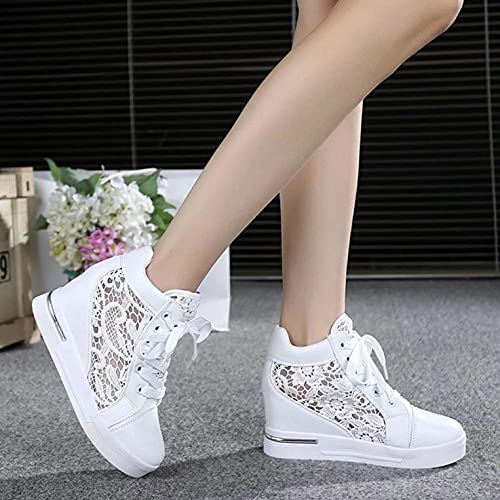 Hbeylia Platform Hidden Heels Sneakers for Women Lace Crochet Lace Up Chunky Bottom High Heels High Top Canvas Shoes Loafers 5